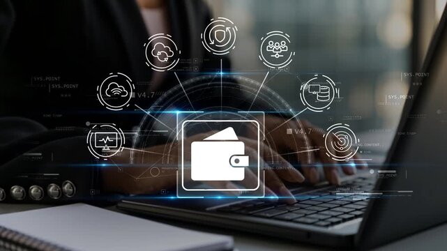 Businesswoman overseeing corporate finance with digital wallet icon, financial documentation, business analytics and strategic financial management process