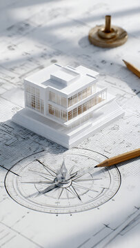 Modern House Architectural Model on Blueprint with Compass and Pencil