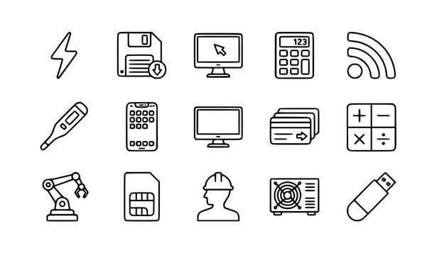 Thin Line Technology Icon Set with Lightning Floppy Disk Monitor Calculator RSS Robot SIM Card Engineer and Electronics Vector Symbols