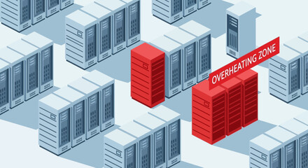 Fototapeta premium Isometric view of red server racks in a data center.