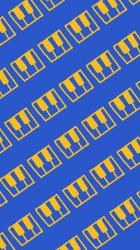 Seamless pattern of hand-drawn piano keys on an abstract vertical blue background animation with cute musical keyboard instrument doodle line art wallpaper for jazz music backdrop design.