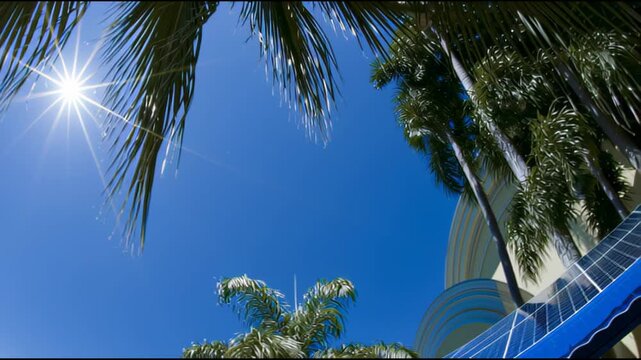 Tropical palm leaves with warm sunlight lush green nature, abstract motion background for modern creative design