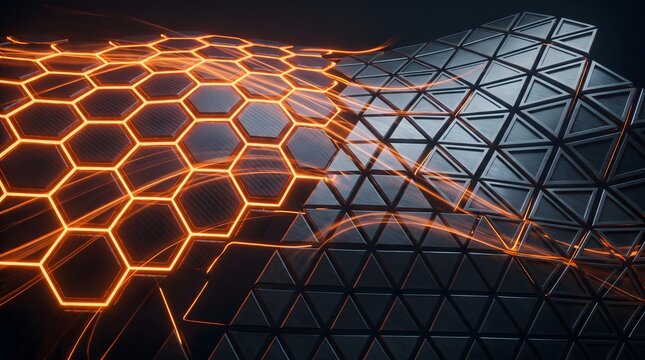Futuristic glowing honeycomb grid, abstract orange neon geometric pattern, dark metallic carbon fiber texture background