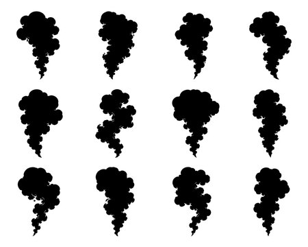 Smoke plume silhouette set in black featuring twelve unique billowing vapor clouds with swirling atmospheric forms and dramatic abstract shapes