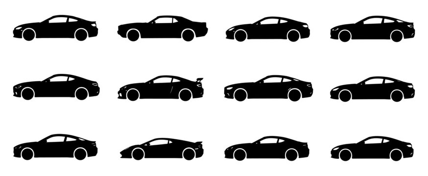 Sports coupe silhouette set in black featuring twelve unique performance car profiles with sleek body lines and modern automotive styling
