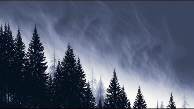 Misty fog rolling over a dark pine forest moody atmosphere, abstract motion background for modern creative design