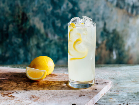 tom collins cocktail  with lemon peel garnish