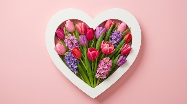 Spring flower bouquet in a heart shaped frame expressing love and gratitude on pink background.