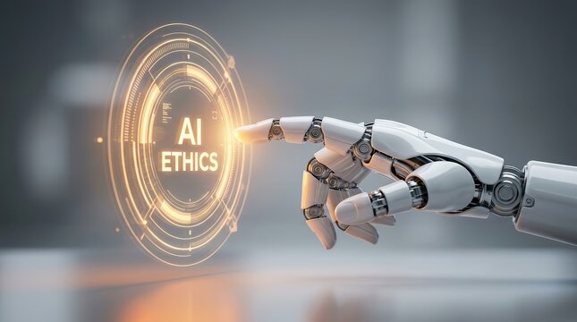 Robotic hand interacting with a glowing digital screen featuring AI ethics concepts.
