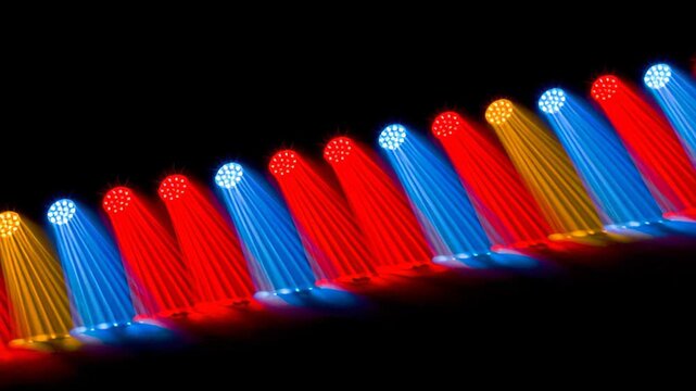 Colorful concert stage spotlights beaming show lighting, abstract motion background for modern creative design projects