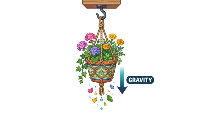 Educational graphic showing gravity pulling flowers and petals down from hanging container.