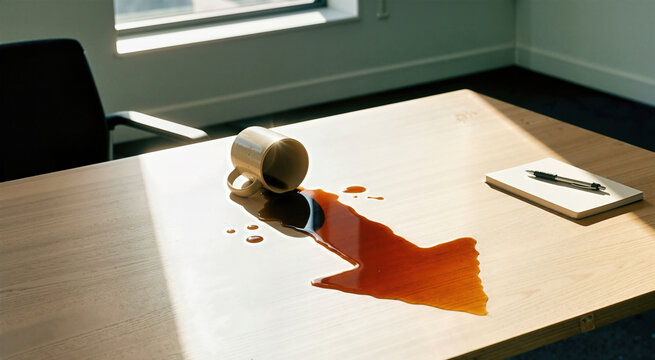 Overturned ceramic mug with spilled coffee forming a downward arrow on a wooden desk. Financial loss and business decline concept with spilled drink in office