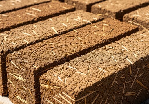 A close-up of molded loam bricks drying in the sun, showing rich earthy textures, natural straw fibers, and rustic clay surfaces, sand, mud, fiber
