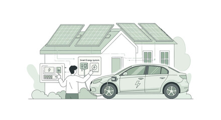 Obraz premium Eco-friendly Home Energy: Solar Panels Powering Electric Car Charging