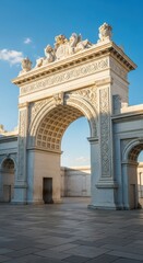 Fototapeta premium A grand marble archway stands elegantly in a sunlit courtyard, featuring intricate stone carvings and polished textures under a clear sky, solid, structure, grey