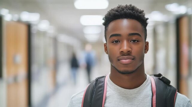 A young male student standing in a school hallway, smiling softly with his eyes gently closed. He has short hair and is wearing a backpack. The background shows other students passing by.