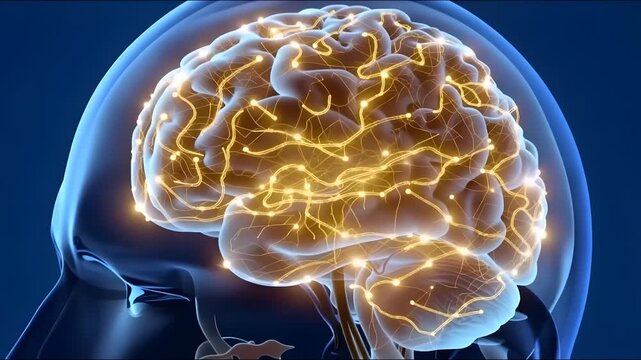 Neural network visualization of a human brain with glowing connections, representing the intricate pathways of thought and memory