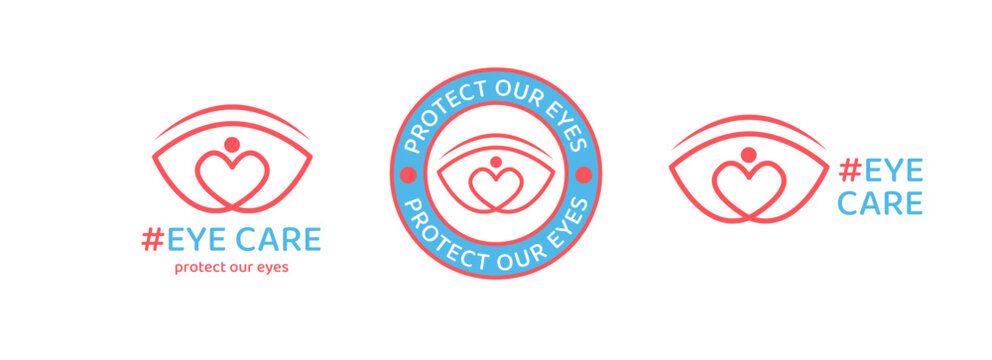 Set of minimal eye care logo icons featuring heart shapes for optometry healthcare branding and ophthalmology clinic visual identity concepts