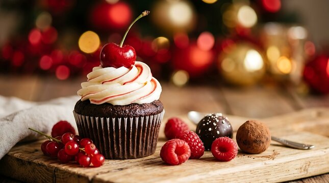 Delicious chocolate cupcake with cream frosting, cherry on top, festive holiday background, sweet treats, dessert