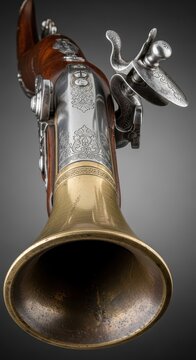 Close up of a vintage muzzle loading flintlock blunderbuss weapon featuring an ornate metal hammer and wide flared bronze barrel end, tactical, loading, equipment
