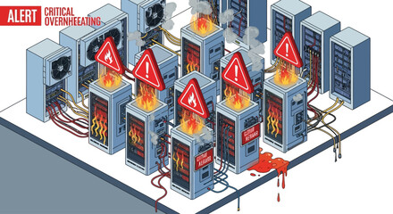 Digital server room on fire with data security alert. © Malikmagak