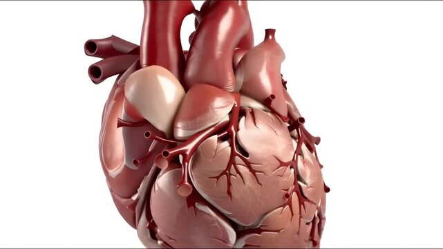 Anatomical 3D model of a human heart with visible arteries and ventricles for medical education or healthcare concepts