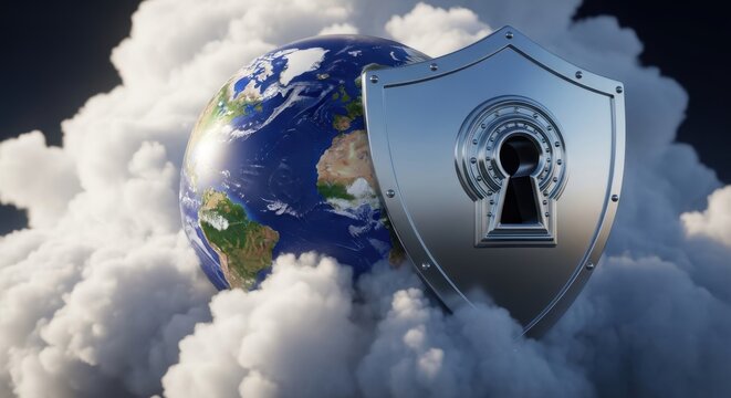 Protected earth globe with shield and keyhole in clouds