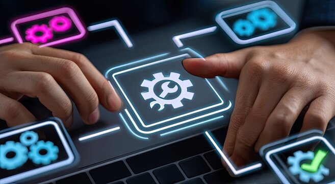 Glowing digital interface shows hands interacting with system settings and gears