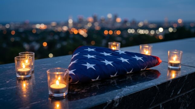 Memorial Day concept featuring a folded American flag and candlelight vigil with city lights bokeh.