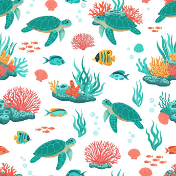 Sea Turtles and Coral Reef Pattern