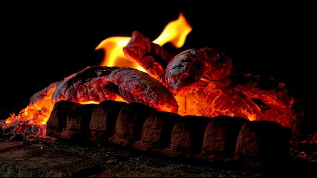 Glowing hot coals burning in a fireplace warm cozy fire, abstract motion background for modern creative design projects