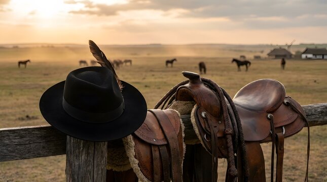 Black Hat Resting on Wooden Fence with Saddle in Rustic Western Ranch