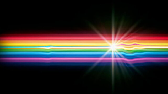Rainbow prism light streak on black background colorful spectrum, abstract motion background for modern creative design