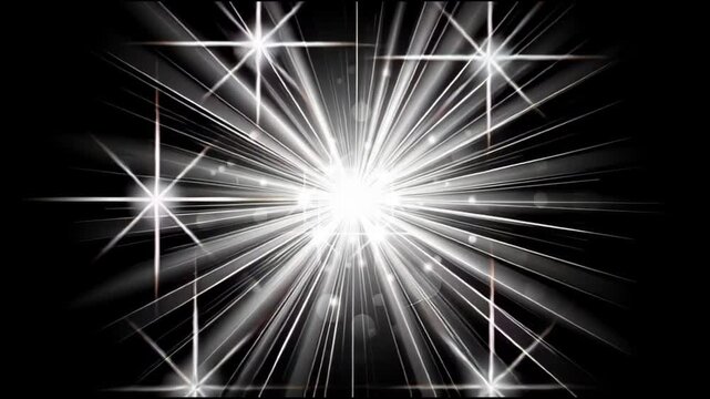 White glowing star flare on black background bright light burst, abstract motion background for modern creative design