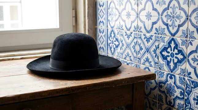 Black Wide Brim Hat Resting on Wooden Window Sill