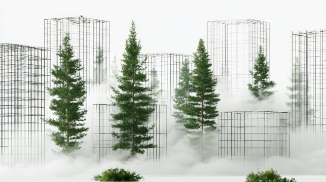 Green trees encased in wire frames with ethereal fog