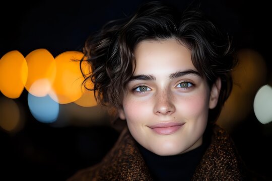 Young adult male with fair complexion, dark wavy hair, and blue eyes wearing brown knit sweater against blurred bokeh lights at night for portrait and lifestyle use.