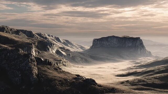 Dramatic rocky plateaus under a hazy morning sky.