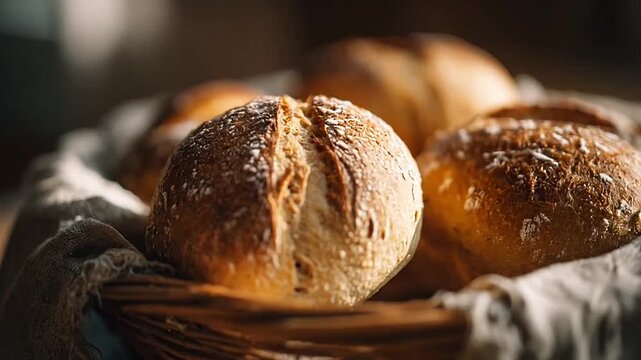 Fresh crusty bread rolls in rustic wicker basket.