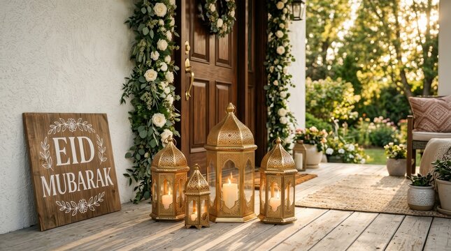 Festive Kurban Bayram and Eid al Adha concept featuring gold lanterns and white floral garlands on a porch.