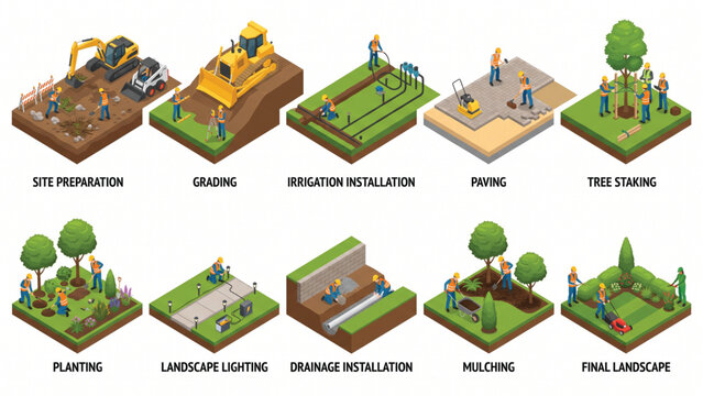 Isometric Construction Workflow Collection with Site Preparation, Grading, Irrigation, Paving, Tree Planting and Landscape Maintenance Vector Set