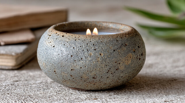 Natural ceramic bowl candle with two wicks burning on textured rustic stone surface