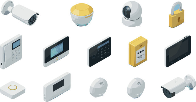 Isometric Smart Home Security System Vector Icon Set with CCTV Cameras, Intercoms, Alarm Keypads, Electronic Locks, and Sensors for Surveillance Graphic Designs