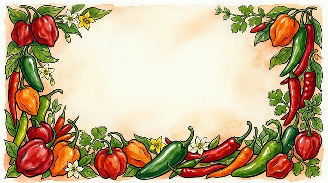Red and orange peppers with green chili peppers and leafy vines frame a cream background, creating an isolated border design suitable for menus, recipe cards, and culinary branding.