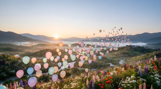 Balloons rising over flower valley
