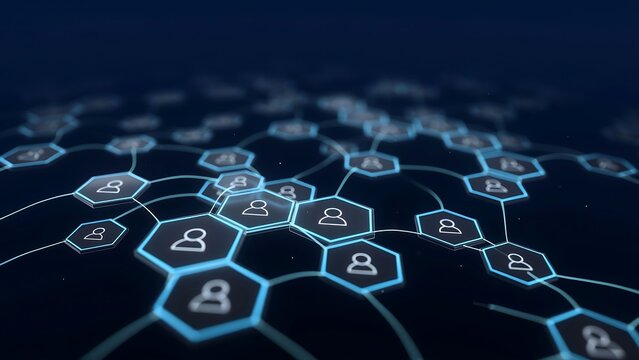 Abstract network of connected people icons in hexagonal shapes