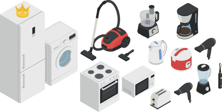 Isometric Home Appliances Vector Set with Refrigerator, Washing Machine, Vacuum Cleaner, Stove, Microwave, and Kitchen Gadgets for Smart House Product Catalogs