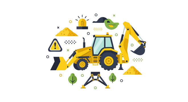 Yellow Backhoe Loader Excavator Vector Illustration with Construction Site Icons and Industrial Elements in Flat Design Style
