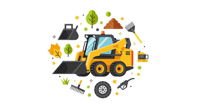 Flat Vector Illustration of a Skid Steer Loader with Landscaping Icons for Construction and Gardening Services