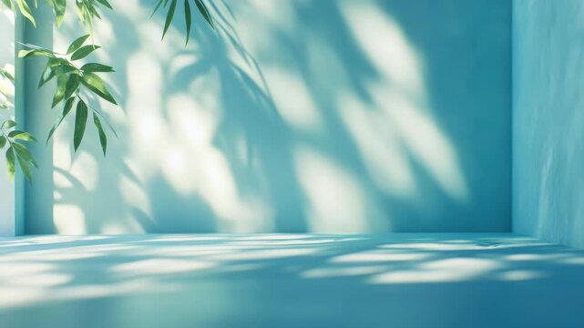 A serene pool area bathed in sunlight with a cool blue tile wall.